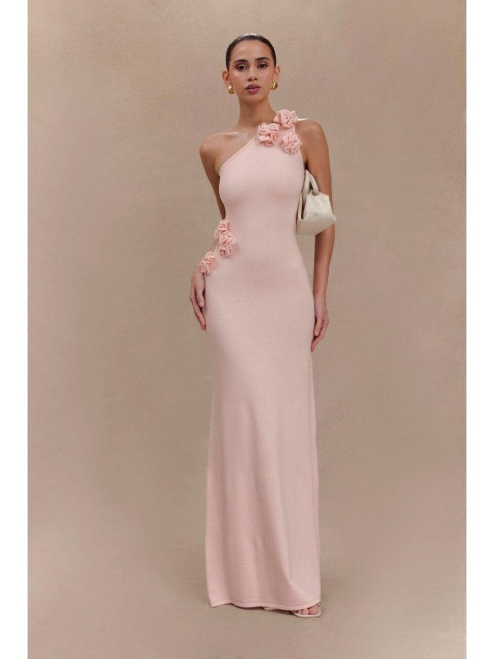 NWT Meshki Paloma One Shoulder Knit Maxi Dress With Flowers Baby Pink Size XXS